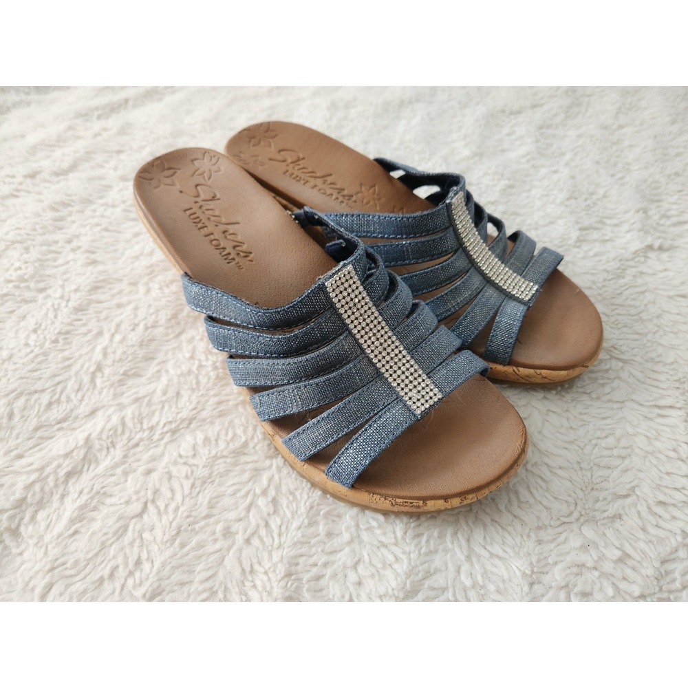 Skechers Womens Size 8 Blue Denim Rhinestone Wedge Sandals Luxe Foam Cork...